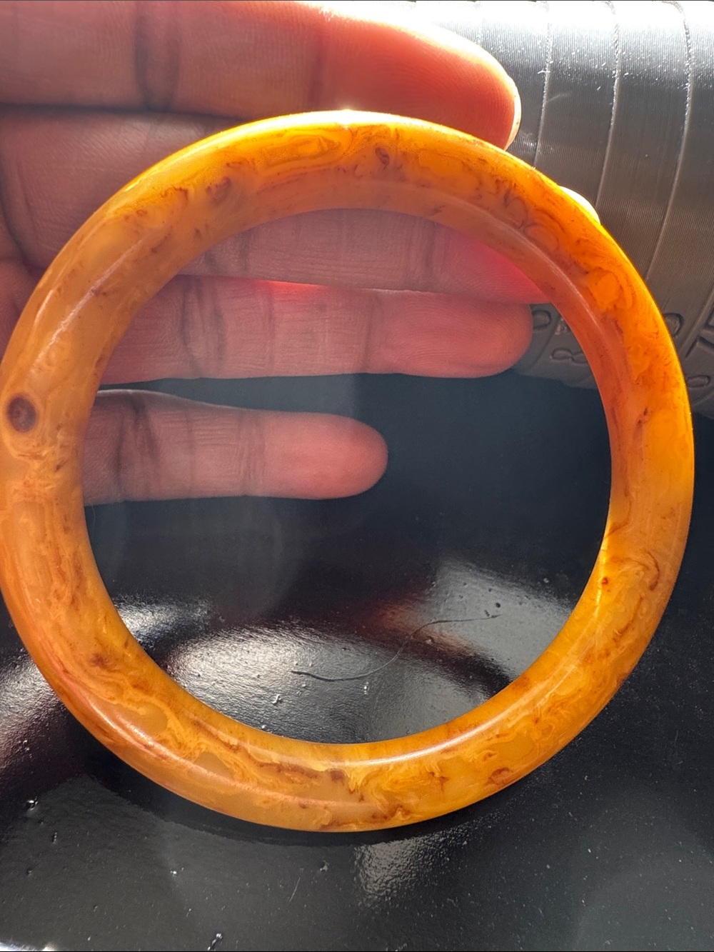 Yellow Marbled Egg Yolk Bakelite Bangle - Picture 12 of 13